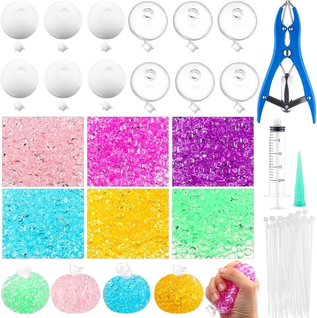 Simgoing 12 Sets DIY Stress Ball Making Kit Milky Blank Stress Ball DIY Kit with 12 Skins Empty Squeeze Balls Fill Beads Expander Tool Vacuum Evacuating Device for Make Pressure Balls (Light Color,B)