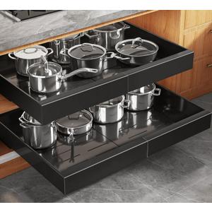 Seinloes 2 Pack Expandable (15.1"-26.3") Pull Out Cabinet Organizer 21" Deep With Raising Pad for Framed Cabinets,Upgrade 3 Slide Rails Slide Out Drawers,No Drill Roll Out Shelves Adhesive,Black