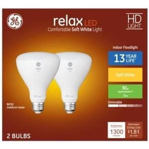 GE Relax HD LED 90 Watt Replacement, Soft White, BR30 Indoor Floodlight Bulbs (2 Pack)
