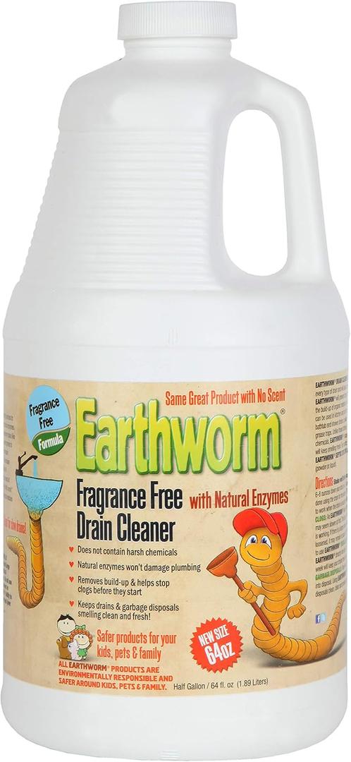 Earthworm Fragrance Free Drain Cleaner - Drain Opener - Natural Enzymes, Environmentally Responsible, Safer for Pets and Kids - 1 Half Gallon, 64 oz
