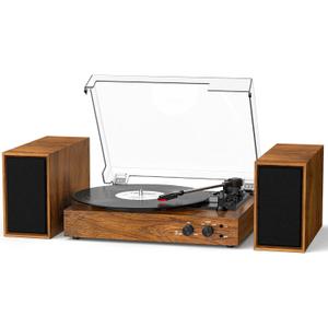 Vinyl Record Player with External Stereo Speakers, Vintage Bluetooth 3-Speed Turntable with Dual Stackable Speakers, PC Recording Vinyl to Digitia, RCA-Out& AUX-in, Retro Wood