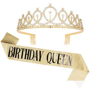 CAVETEE Birthday Crowns for Women Birthday Queen Sash & Rhinestone Tiara Set Birthday Tiaras and Sash for Women Birthday Glitter Birthday Decorations Gold Birthday Tiara Crowns for Women (color3)