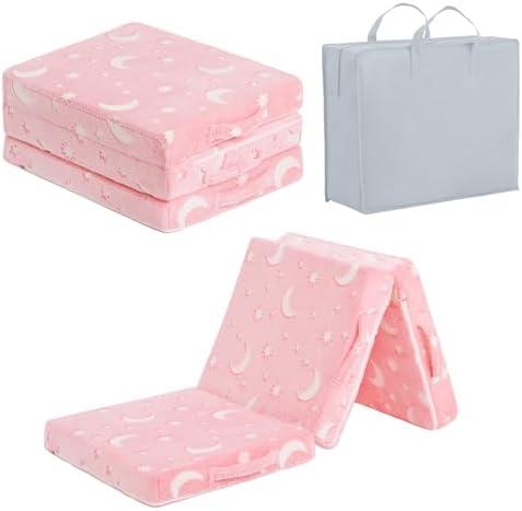 Tiita Trifold Floor Mattress for Kids, Glow in The Dark Baby Kids Futon with Removable Cover, Portable Foam Toddler Nap Mat with Storage Bag for Girls and Boys, Pink Moon