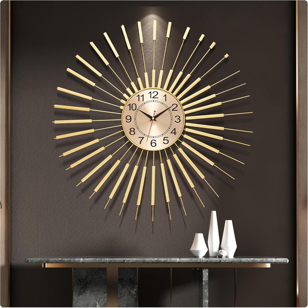 Large Wall Clocks for Living Room Decor 24 Inch Gold Starburst Wall Clock, Silent Non-Ticking Metal Wall Clocks Battery Operated, Mid Century Boho Farmhouse Modern Art Decor for Bedroom Office
