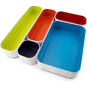 Three by Three Seattle 5 Piece Metal Organizer Tray Set for Storing Makeup, Stationery, Utensils, and More in Office Desk, Kitchen and Bathroom Drawers (2 Inch, Assorted Colors)