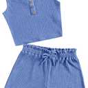 RoseSeek Girl's 2 Piece Outfits Waffle Knit Scoop Neck Button Down Crop Tank Tops Paperbag Waist Track Shorts Blue 12-13Y