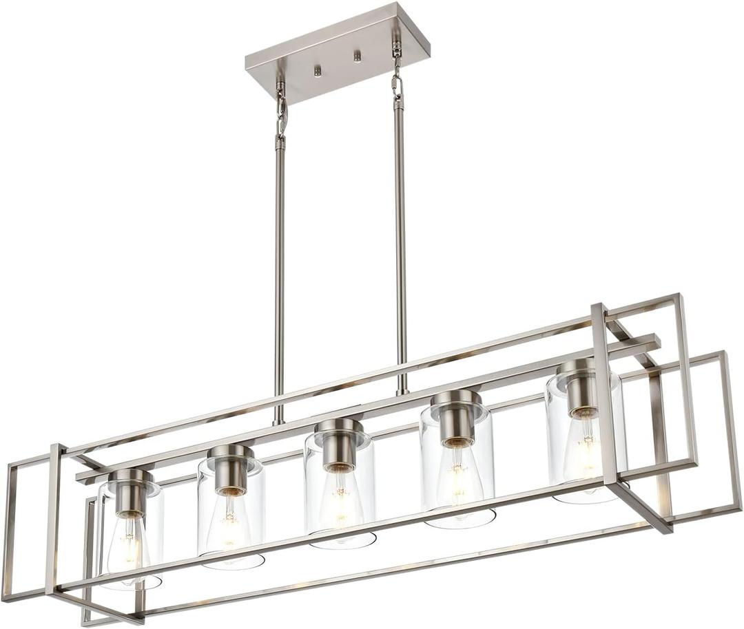 5-Light Farmhouse Chandeliers Brushed Nickel Dining Room Lighting Fixture for Kitchen Island Rectangle Chandelier Rustic Ceiling Lights with Clear Glass Shades, 41 inches x 8.5 inches x 41.3 inches