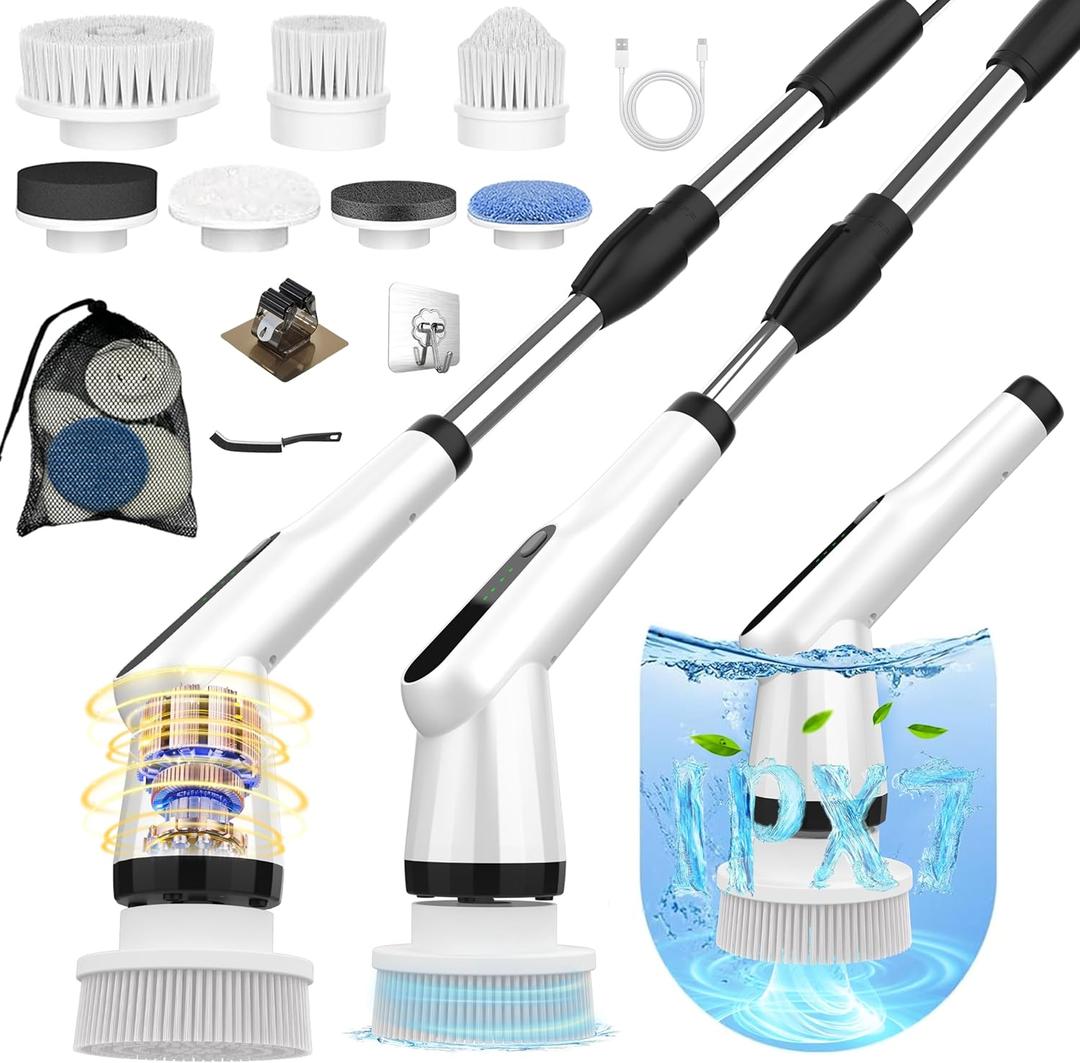 Electric Spin Scrubber, Dreazu IPX7 Shower Scrubber with 7 Replaceable Brush Heads & Retractable Handle, 2-Speed Adjustable Shower Cleaner for Bathroom,Toilet, Bathtub, Kitchen, Tile Floors (White&black)