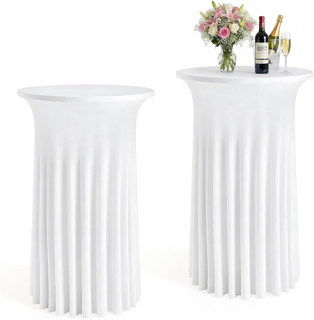 2 Pack Cocktail Table Covers, 32"x 43" Spandex Stretch Cocktail Tablecloth with Wavy Drapes Round Skirt Fitted High Top Table Covers for Wedding Bar Party Birthday Banquet Events