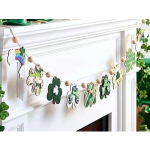 Leinuosen St Patrick's Day Banner Decorations 8.2ft Wooden Shamrock Garland Saint Patricks Day Wood Bead Rainbow Garland Irish Clover Banner for Home Party Mantle Wall Fireplace