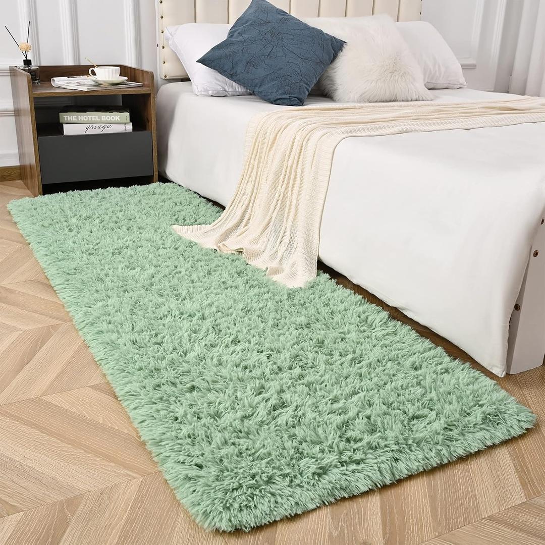 Sage Green Runner Area Rugs for Bedroom Living Room, 2x4 Feet Fluffy Bedside Rugs, Soft Shaggy Carpet Rug for Kids Room Nursery, Furry Rugs for Girls Boys Dorm Room Home Decor
