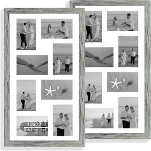 Hongkee 12x22 Picture Frame Set of 2, Grey with Glass Collage Frame, Display Eight Opening 4x6 Photos With Mat or 12 x 22 Newspaper Without Mat - Horizontal or Vertical Wall Mounting
