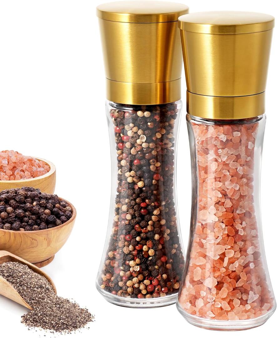 VEVOK CHEF Gold Salt and Pepper Grinder Mill Set Stainless Steel Pepper Shaker Adjustable Ceramic Coarseness Salt Grinder Black Pepper Spice Grinder Mill, 2 Pack
