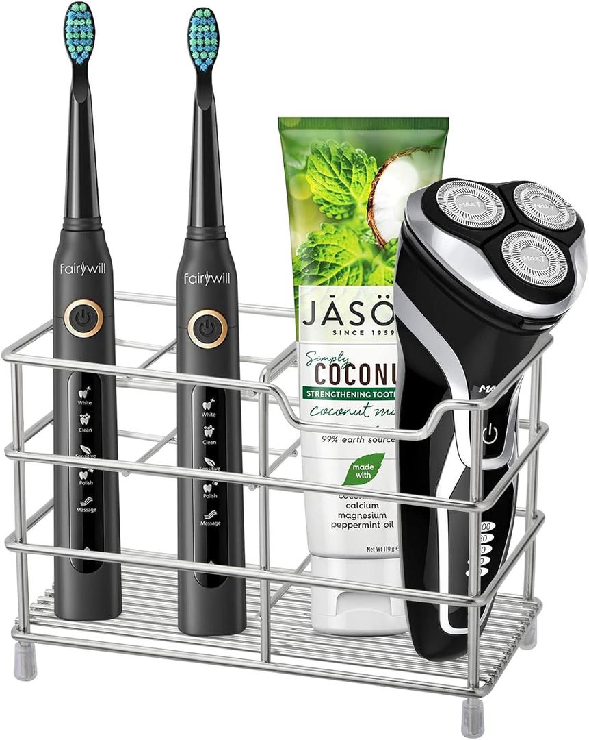 Urbanstrive 304 Stainless Steel Bathroom Toothbrush Holder Toothpaste Holder Stand Bathroom Accessories Organizer (Silver, Large)