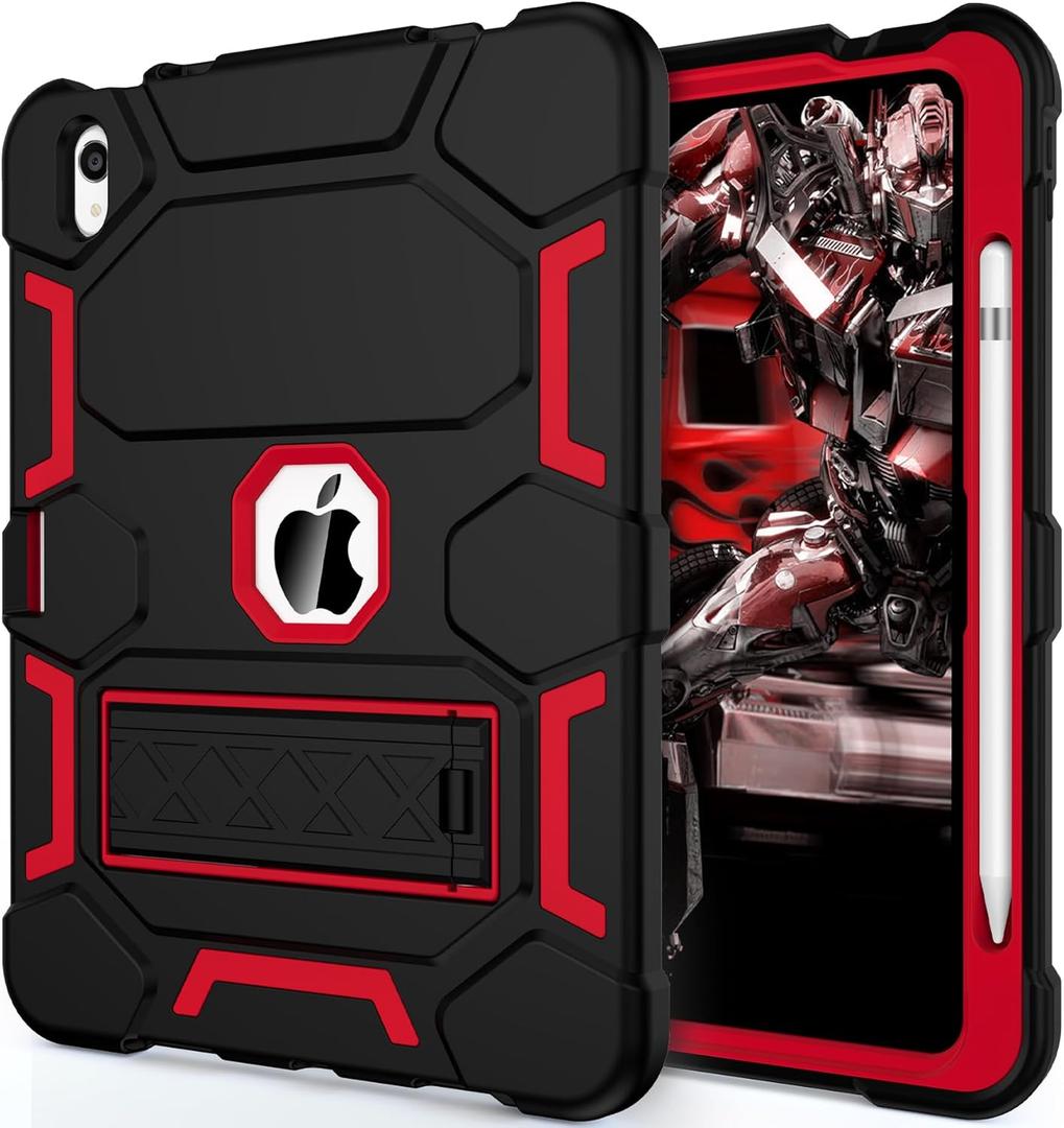 CCMAO Case for iPad (A16) 11th/10th Generation(2025/2022), iPad 10th Case with Kickstand & Pencil Holder, Heavy Duty Shockproof Hybrid Three Layer Protective Cover for Girls Women, Black+Red