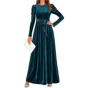 ZESICA Women's Velvet Maxi Dress Fall 2025 Long Puff Sleeve Crew Neck Elastic High Waist Cocktail Party Bridesmaid Dresses (Teal Green, Large)