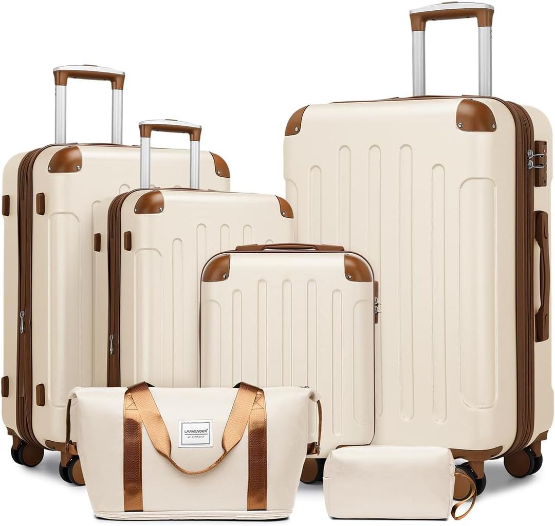 LARVENDER Luggage Sets 6 Piece, Expandable Luggage Set Clearance for Women, Suitcases with Wheels, Hardside Hard Shell Travel Luggage with TSA Lock (White Brown, 6pcs)