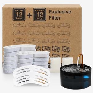 Misfans S003,S005 Exclusive Cat Fountain Filter Replacement, 12 Pack Filters and 12 Pack Sponges, Only for Item Model Number:S003,S005, Not for Other Brands of ProductsNot Include Cat Fountai