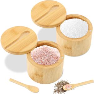 2Pcs Bamboo Salt Cellar with Magnetic Swivel Lid & Spoon, 6 oz Spice Bowl Bamboo Storage Box Salt Container to Store Pepper, Table Salt, Gourmet Salts, Spice, Sugar(SIZE:6 oz)