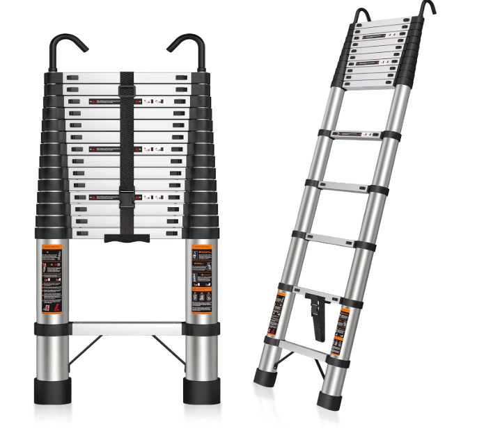 Telescoping Ladder 14.5 FT Telescope Ladder Stainless Steel, Extension Collapsible Telescopic Ladders with 2 Hooks Folding Extendable Adjustable Portable Rv Ladders for Home Roof, 330lbs Max Capacity