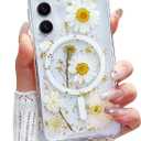 Compatible with Samsung Galaxy S23 Plus Case,Compatible with MagSafe,Cute Pressed Dried Flowers Design Women Girly Shockproof Floral Clear Magnetic Case for Galaxy S23 Plus (White)