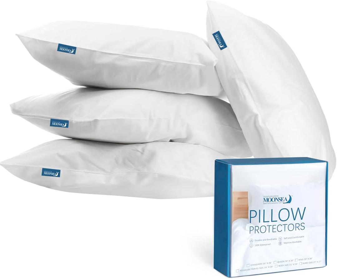 King Pillow Protector Waterproof with Zipper 4 Pack, 20x36 inch King Size Pillow Protector, Pillow Covers Encasement Pillow Case White