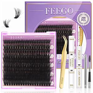 FEEGO Lash Extension Kit 200D Fluffy 10-20MM D Curl Clusters 160pcs Individual Eyelashes With Bond, Seal and Remover (200D LASH KIT)