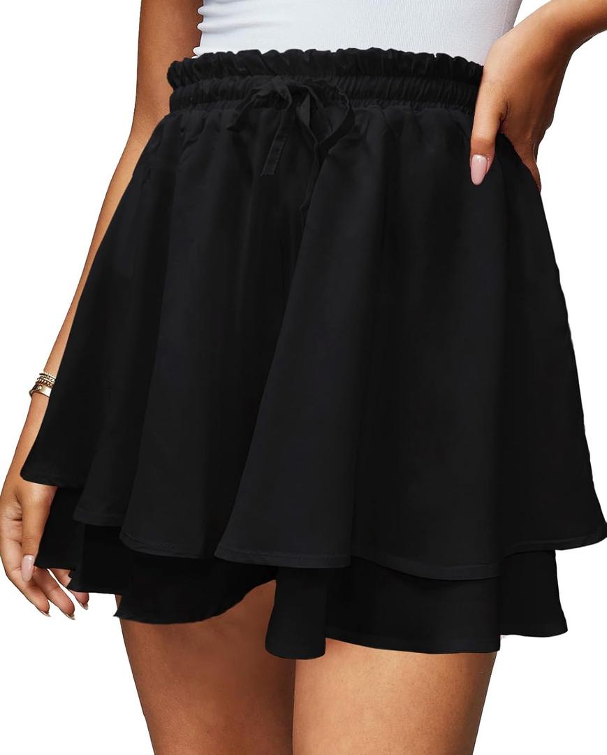 Women's Summer Floral Ruffle Hem Skirt Shorts Elastic High Waist Layered Tiered Boho Mini Skorts Skirts (Medium, Black 02)