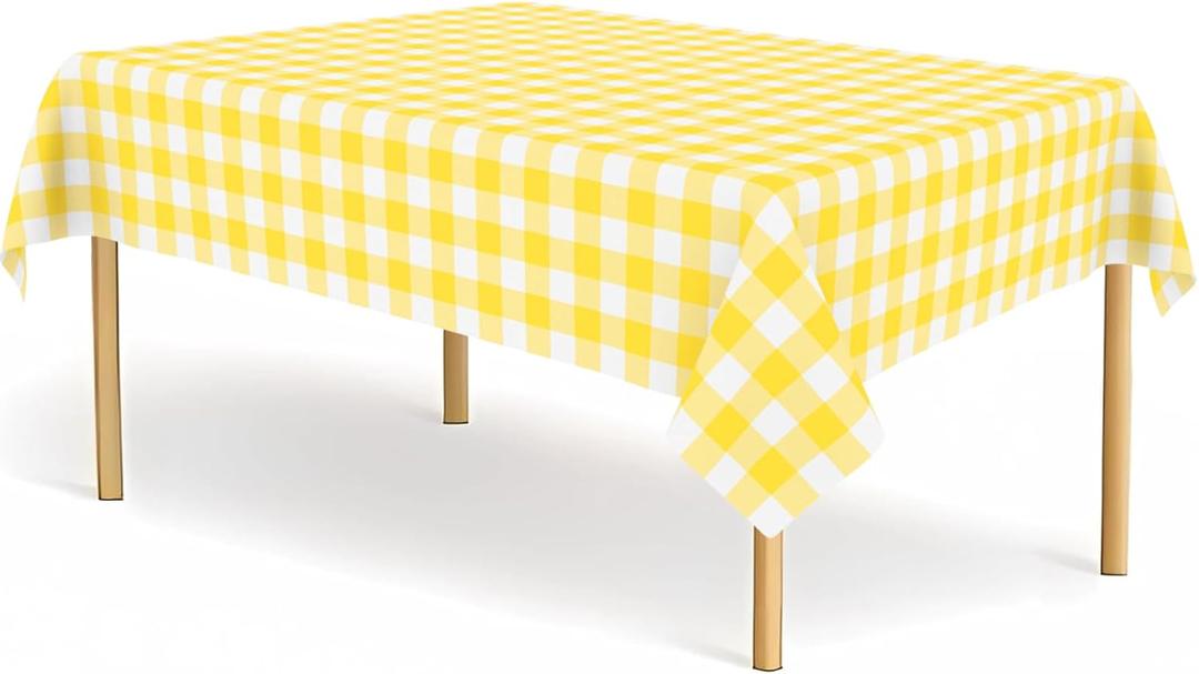 2 Pack Yellow and White Checkered Tablecloth Yellow Gingham Plastic Table Cloths for Parties Disposable 54x108 in Waterproof Rectangle Table Covers for Party Baby Shower Birthday Christmas Picnic