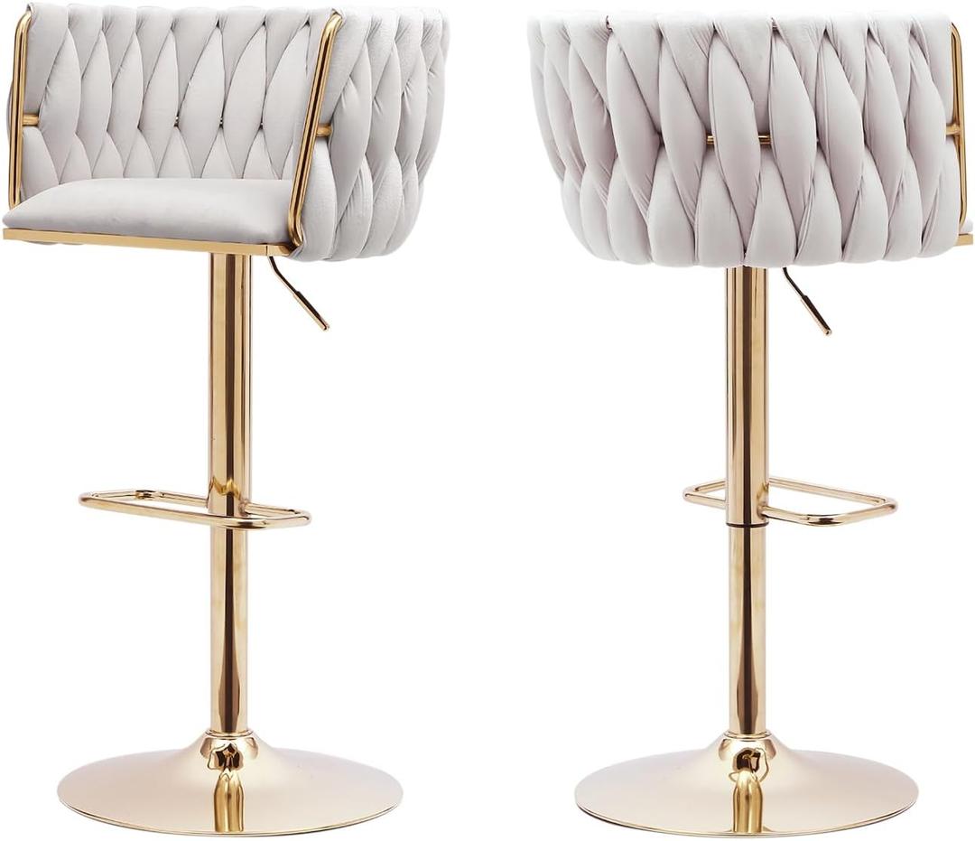 Beige Velvet Bar Stools Set of 2 - Modern Adjustable Swivel Counter Height Chairs with Woven Back, Gold Metal Leg & Base Bar Chair for Kitchen Island, Dining, Cafe, Pub