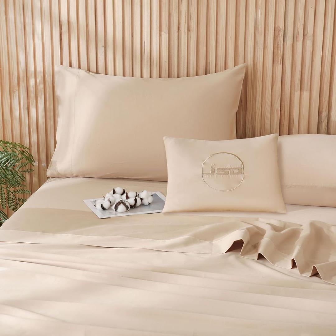 JSD 100% Cotton Sheet Set Full, Beige Sateen Sheets 300 High Thread Count, Soft Breathable Bed Sheets Deep Pocket
