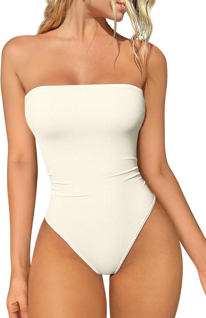 OQQ Womens Tube Bodysuits Strapless Basic Sleeveless Ruched Stretch Classic-Fit Tops Sexy Bodysuits (Medium, Beige)