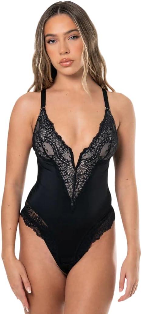HeyShape Bodysuits for Women - V-Neck Lace Backless Thong - Body Shaper Tummy Control Shapewear for Women, XL