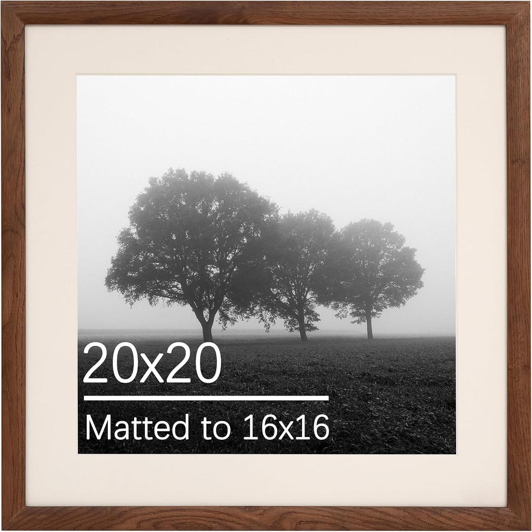20x20 Natural Oak Wood Walnut Finish Picture Frame - Display 16x16 Photos with Mat or 20x20 Without - Modern Minimalist Gallery Wall Poster Frame - Horizontal & Vertical Wall Mounting