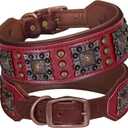 PET ARTIST Upgrade Padded Leather Dog Collar, 2 inch Wide Genuine Leather Dog Collars with Strong Studded Rivet & Metal Buckle, Adjustable Large Dog Collar for Pit Bull Doberman, Red, Neck 19-22"