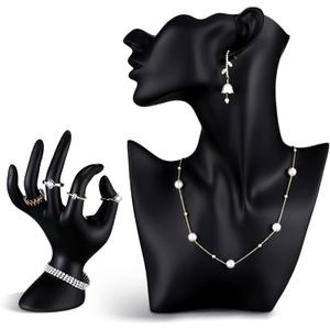2 Pcs Resin Jewelry Mannequin Display Set Including Boutique Bust Holder and Hand Ring Holder Necklace Stand Display Earring Holder Organizer for Bracelets Pendant Shows Selling (Black)