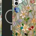 Case Compatible with iPhone 16,Compatible with MagSafe,Glossy Fall Prevention Hybrid 2-Layer Hard Shell Cases for Girls Boys,Stained Glass Bloom Flower