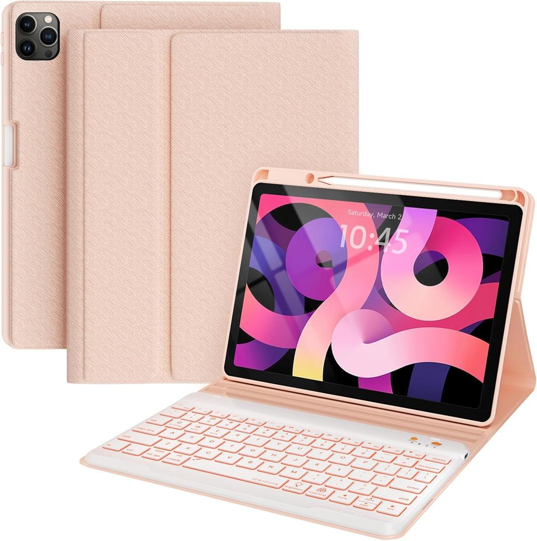 Keyboard case for ipad Air 11 inch(M2 2024)/10.9 Inch Air 5th 4th Generation & iPad Pro 11 inch (1st/2nd/3rd/4th Gen)-Backlit Detachable Keyboard, Folio Cover with Upper Easily Pencil Holder-(Pink) (Rose Gold)