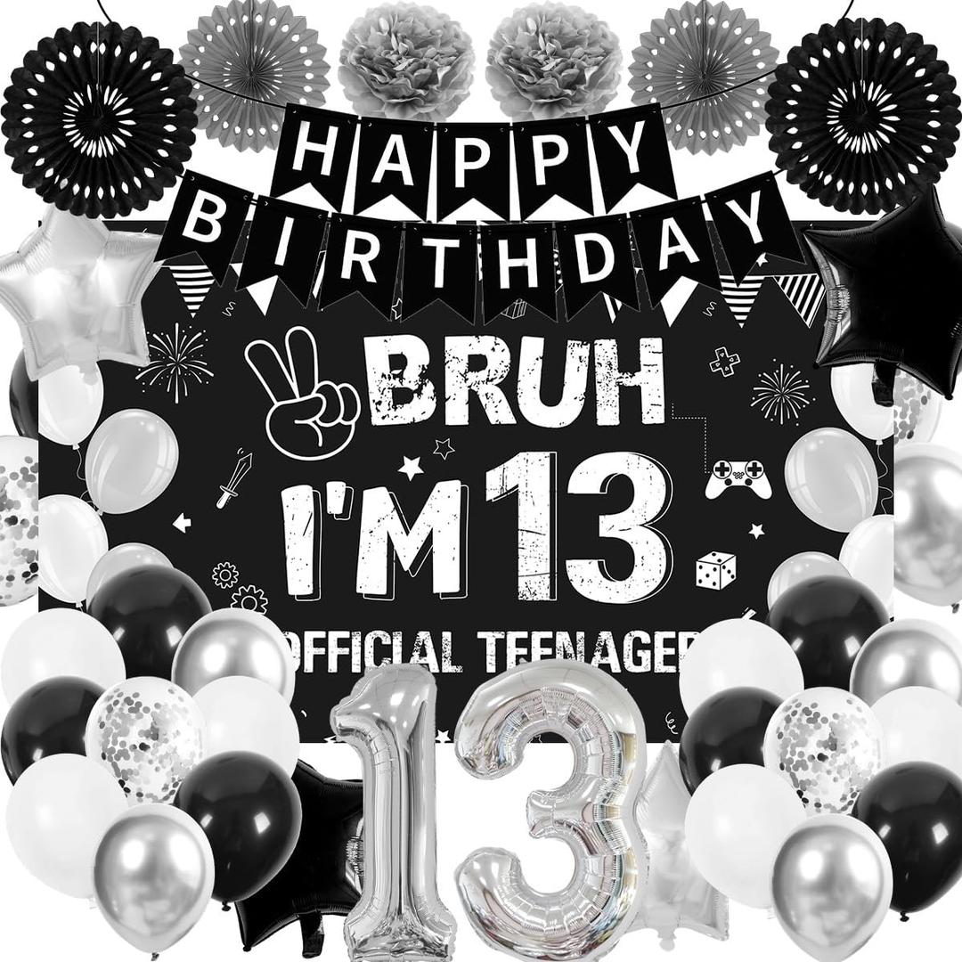 Black 13th Birthday Decorations for Girl Boys Bruh I'm 13 Backdrop, Banner, Paper Fan, Pompoms, Balloons, Bro I'm 13 Official Teenager 13th Party Decor Cheers to 13 Years Party Supplies