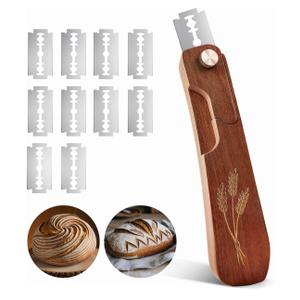 Wooden Bread Lame Dough Scoring Tool, Handcrafted Bread Scoring Tool for Sourdough Bread Baking, Upgraded Sourdough Scoring Tool With Screw Lock & 10 Razor Blades (Reddish Brown)