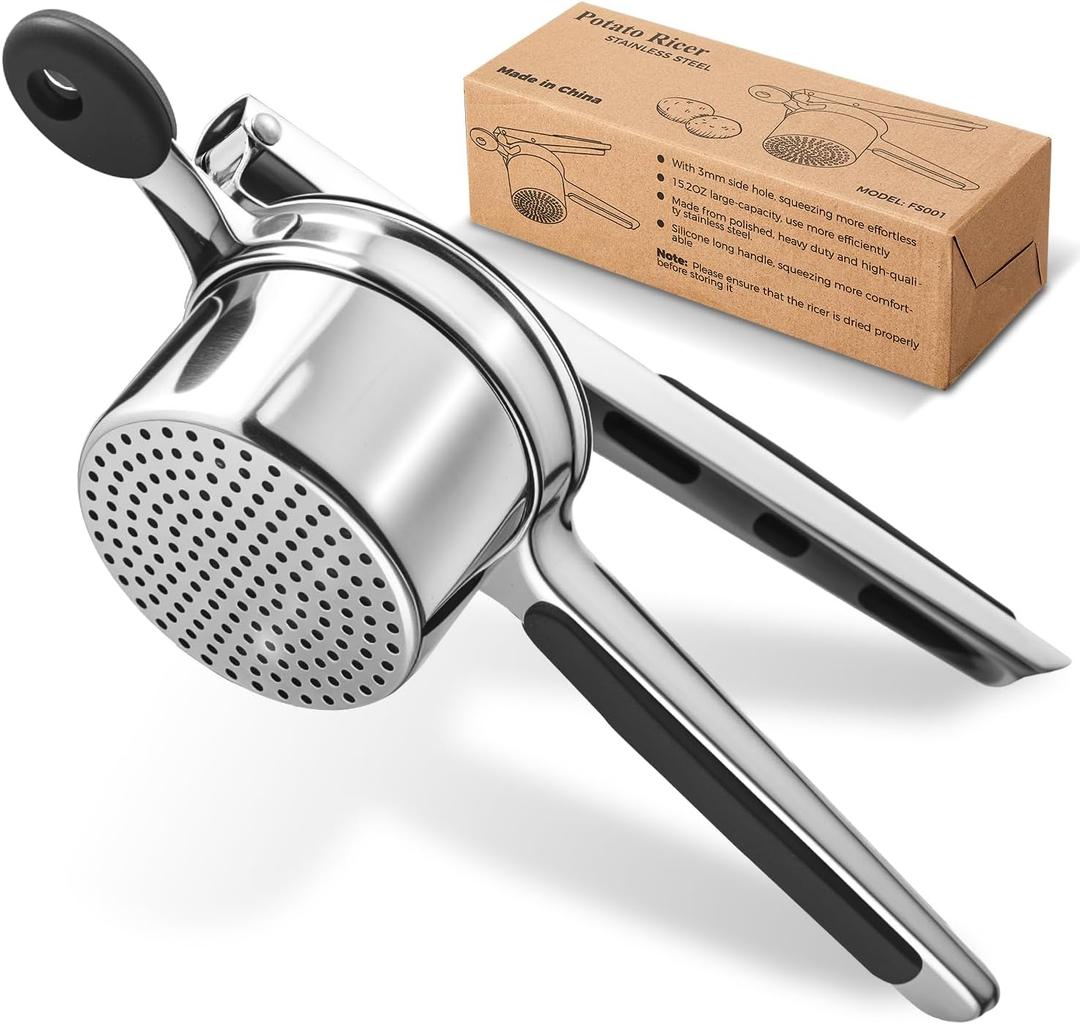 Potato Ricer and Masher Stainless Steel, Large 15 oz Heavy Duty Ricer for Mashed Potatoes, Potato Press Masher with Silicone Handle, Professional Kitchen Press Tool for Potatoes, Vegetables and Fruits