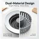 Solid Brass Body 3-in-1 Kitchen Sink Drain Strainer & Stopper, Heavy Duty Pop Up Plug Assembly with 2 Baskets, Anti-Clog Replacement for US Standard 3-1/2 Inch Drains, Rust-Proof Silver