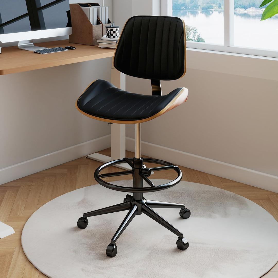 Drafting Chair, Ergonomic Office Chair with Walnut Wood Back Support, Armless PU Leather Desk Chair with Height-Adjustable, Thick Cushion for Home Office, Drafting, Art Studio (Black), 21.5"D x 10"W x 21"H