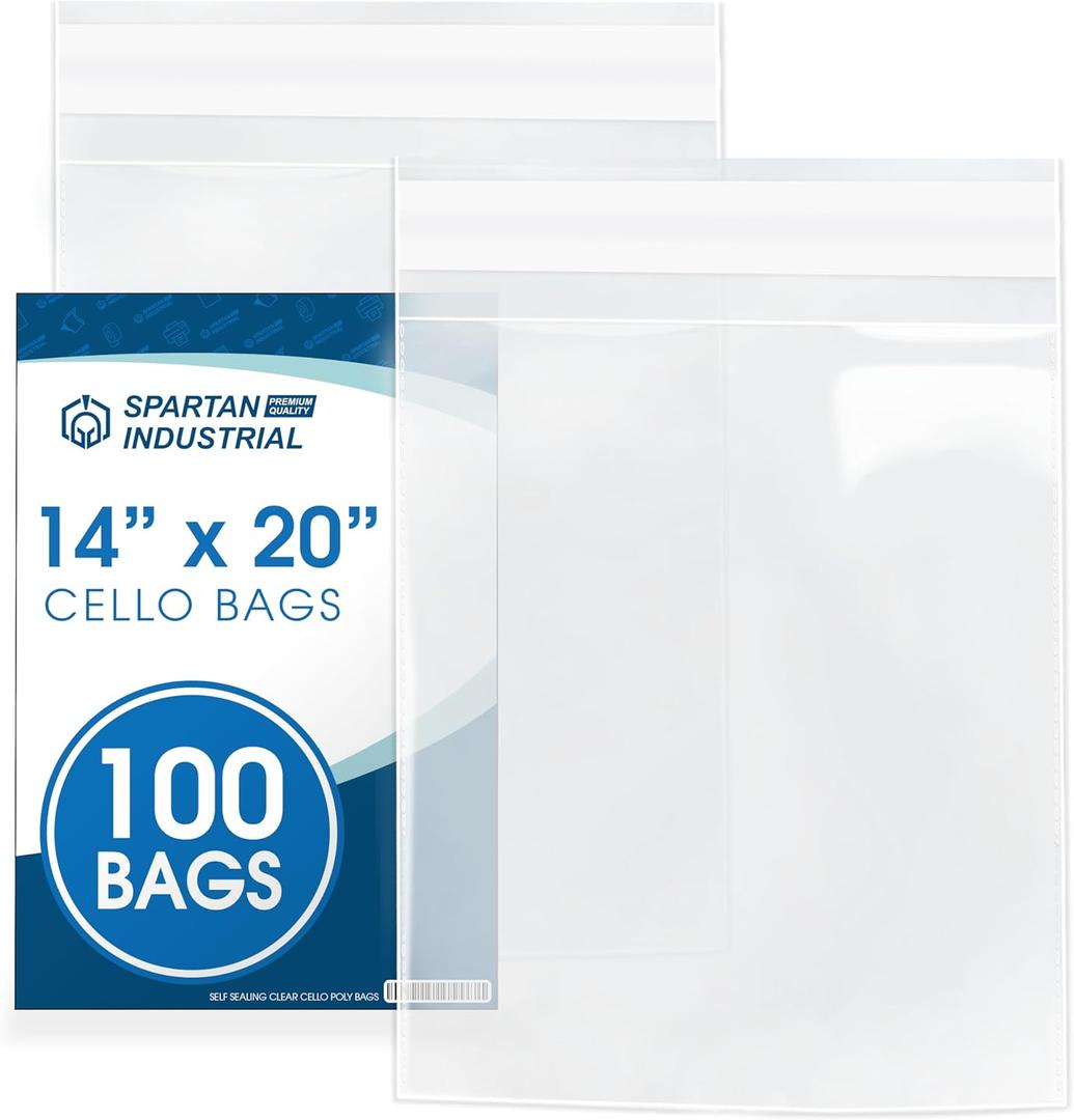 Spartan Industrial - 14" X 20" (100 Count) Crystal Clear Resealable Cello Poly Bags for Packaging, Clothing & T Shirts - Self Seal & Reinforced