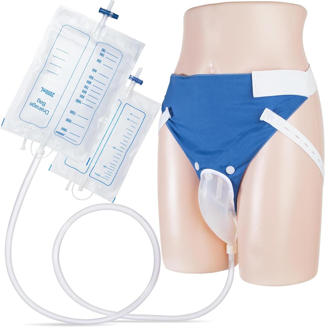 Wearable Urine Collector with Breathable Fixing Pants, 2 Urinary Drainage Bags 2000ml and 1000ml, Reusable Silicone Capsule, 1.2M Flexible Tube, Daily and Nighttime Use, Elderly Male Blue