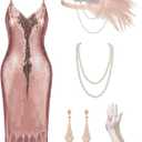 YESSA Flapper Dresses 1920s Gatsby Dresses for Women Roaring 20s Costumes Great Gatsby Outfits with 20s Accessories Set (X-Large, Elegant Champagne Pink)