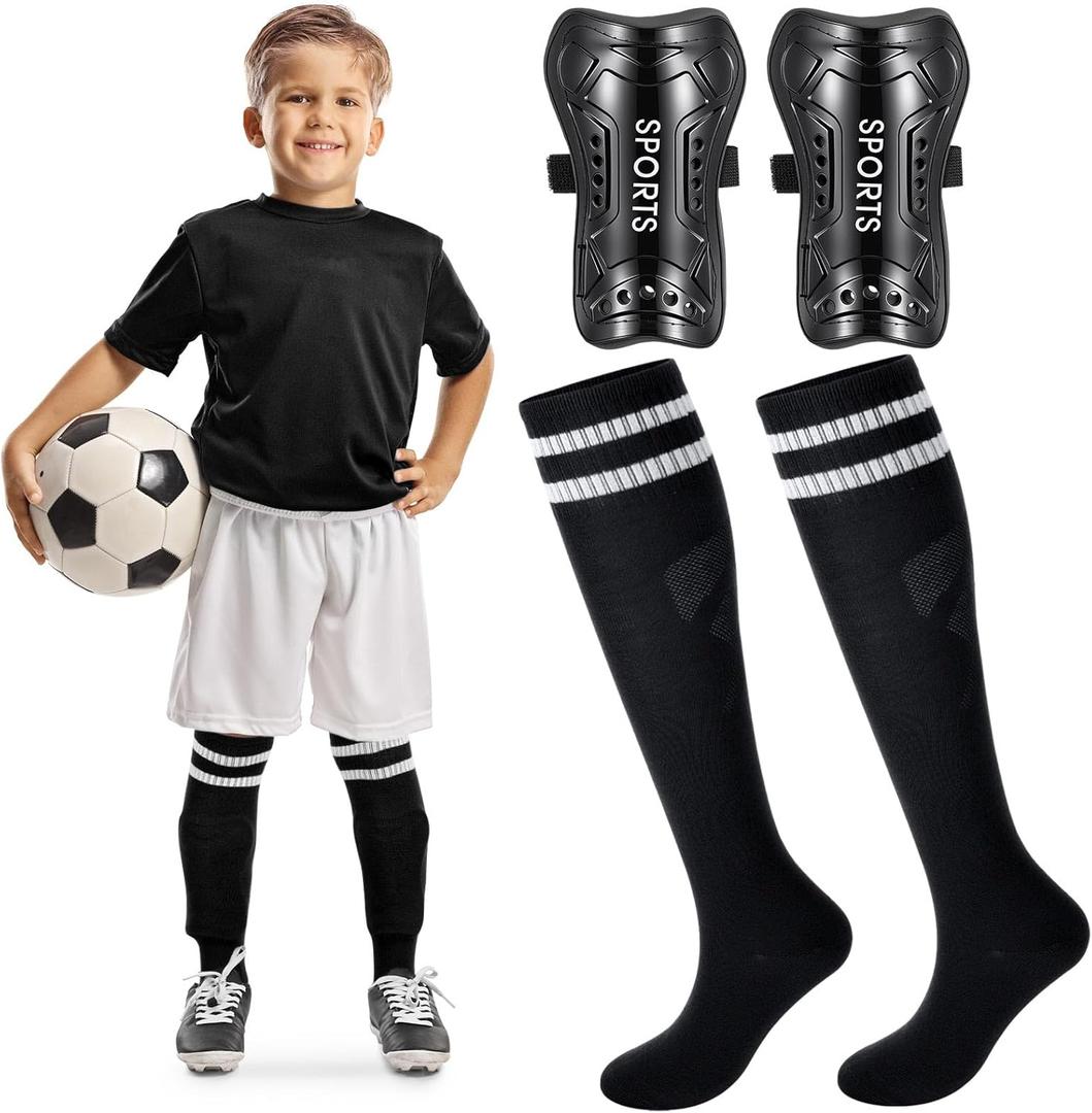 Syhood Soccer Shin Guards and Socks for Toddler Kids Youth, Lightweight Soccer Shin Pads Protective Defender Gear for 3-5, 5-10, 10-15 Years Old Children Teen Boys Girls Sports Game (Black) S