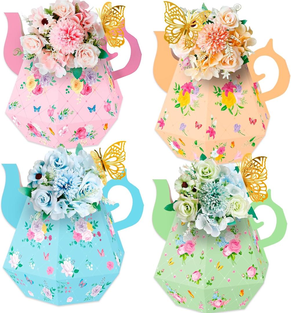 12PCS Tea Party Decorations Flower Boxes Centerpieces plus 12PCS Butterflies Princess Birthday Teapot Table Baby Shower Decor (Assembly Needed