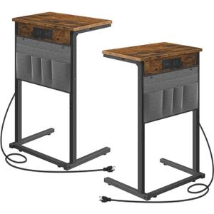 HOOBRO C Shaped End Table Set of 2 with Charging Station, 28" H Couch Side Tables for Small Spaces, Slide Under Sofa Tray Recliner Tables with Storage Bag for Living Room, Rustic Brown BF70USFP201