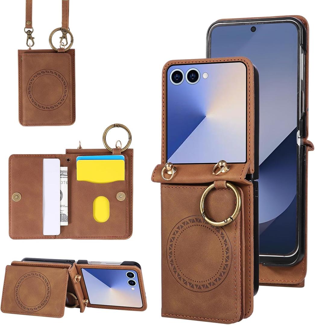 Asuwish Compatible with Samsung Galaxy Z Flip 7 5G Wallet Case and Crossbody Shoulder Strap Ring Buckle Stand Card Holder Magnetic Car Mount Phone Cover for ZFlip 7Z Z7 G Flip7 ZFlip7 Women Men Brown